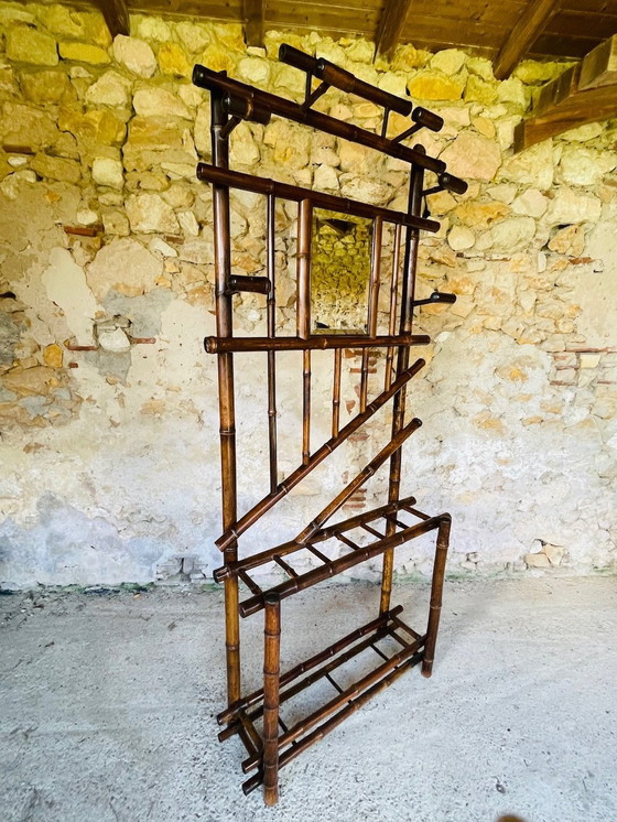 Image 1 of Porte-manteau vintage en bambou avec miroir biseauté, années 1920