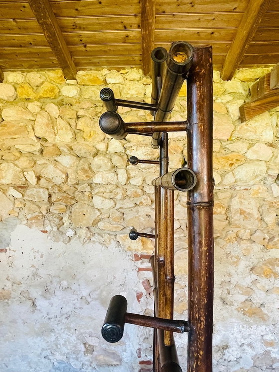 Image 1 of Porte-manteau vintage en bambou avec miroir biseauté, années 1920