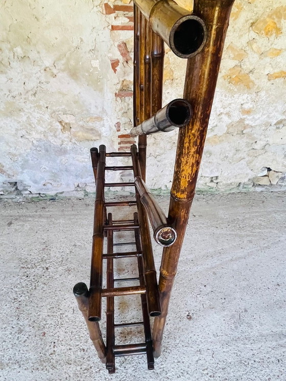 Image 1 of Porte-manteau vintage en bambou avec miroir biseauté, années 1920