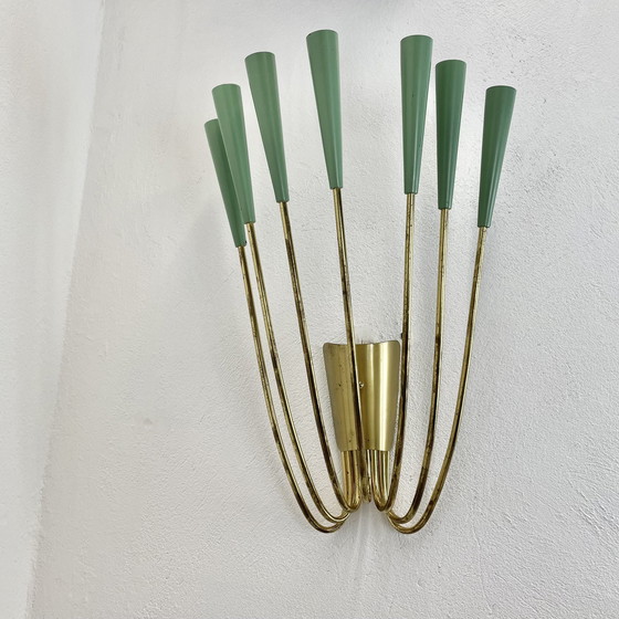 Image 1 of No.1 Grande applique de théâtre en laiton de 54 cm de diamètre, style Stilnovo, Italie, années 1950