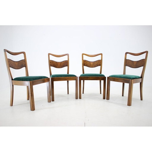 Ensemble de 4 chaises de salle à manger Art déco vintage en bois et velours vert, Tchécoslovaquie, années 1930