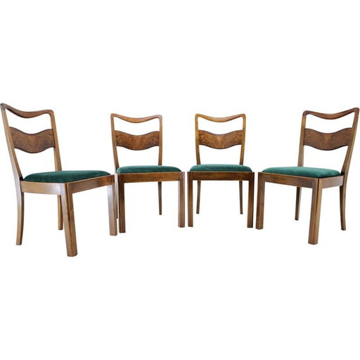 Ensemble de 4 chaises de salle à manger Art déco vintage en bois et velours vert, Tchécoslovaquie, années 1930