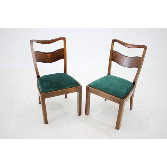 Image 1 of Ensemble de 4 chaises de salle à manger Art déco vintage en bois et velours vert, Tchécoslovaquie, années 1930