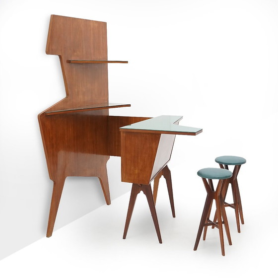 Image 1 of Bar mobile avec 2 tabourets, années 1950