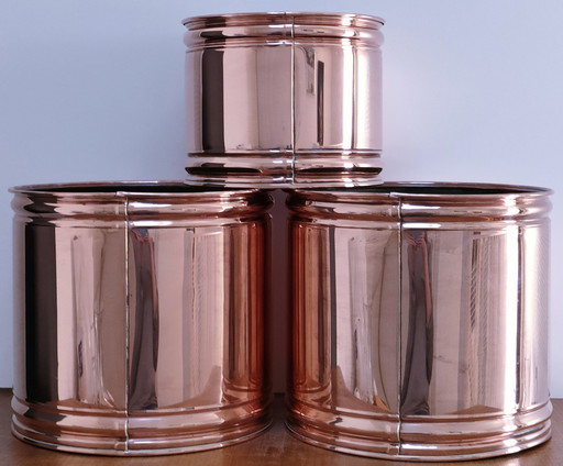Trois Cache-Pot Cuivre Cylindriques Design Hollande Vintage