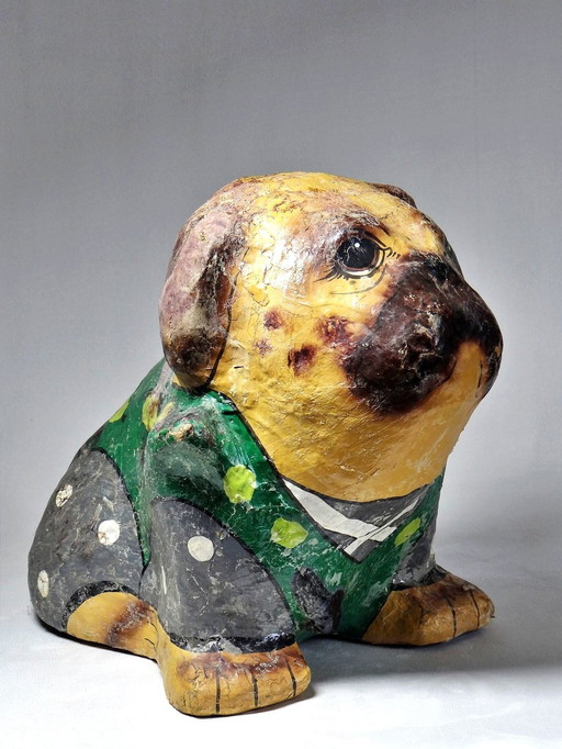 Mascotte Ancienne Carton Pâte Chien Peint À La Main Art Populaire