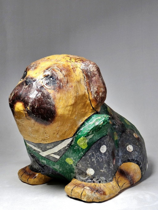 Mascotte Ancienne Carton Pâte Chien Peint À La Main Art Populaire