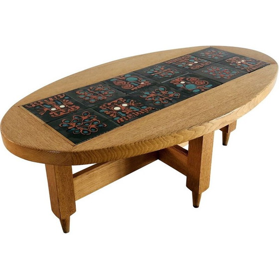 Image 1 of Table basse ovale vintage en chêne clair massif par Guillerme et Chambron, France 1960