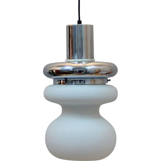 Lampe suspendue vintage en opaline et chrome, Italie 1970