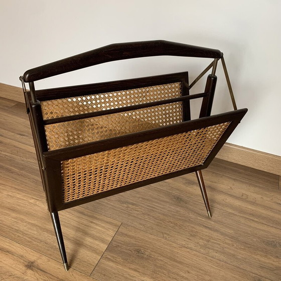 Image 1 of Porte-revues pliant vintage en canne, bois et laiton, 1950