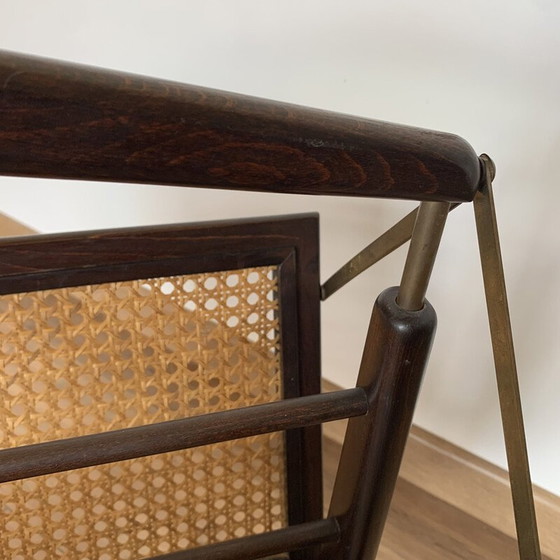 Image 1 of Porte-revues pliant vintage en canne, bois et laiton, 1950