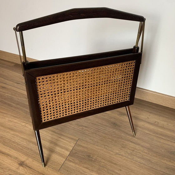 Image 1 of Porte-revues pliant vintage en canne, bois et laiton, 1950
