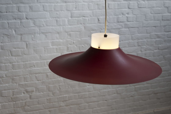 Image 1 of Lampe suspendue danoise en métal rouge et plastique opale, années 1960