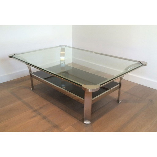 Table basse vintage en verre et chrome, 1970