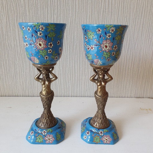 Deux vases/chalus en céramique et bronze