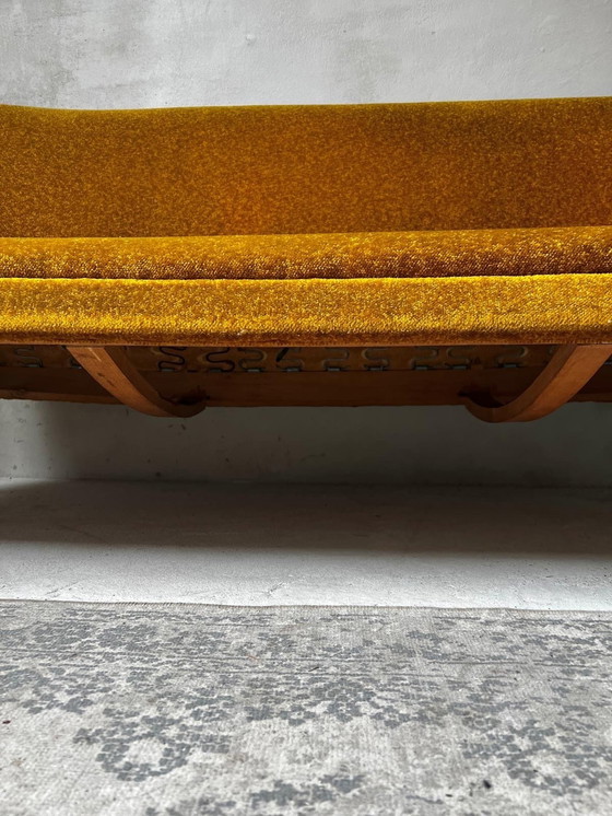 Image 1 of Banc design danois jaune ocre et teck années 50