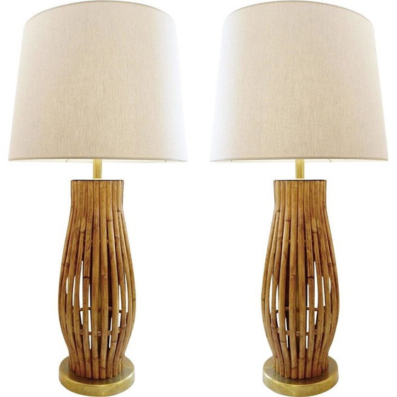 Image 1 of Paire de grandes lampes de table vintage en laiton et bambou