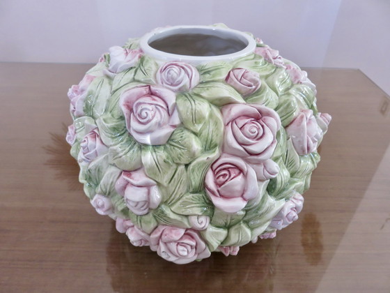 Image 1 of Vase En Barbotine Motif Floral, Massif De Roses, 1960