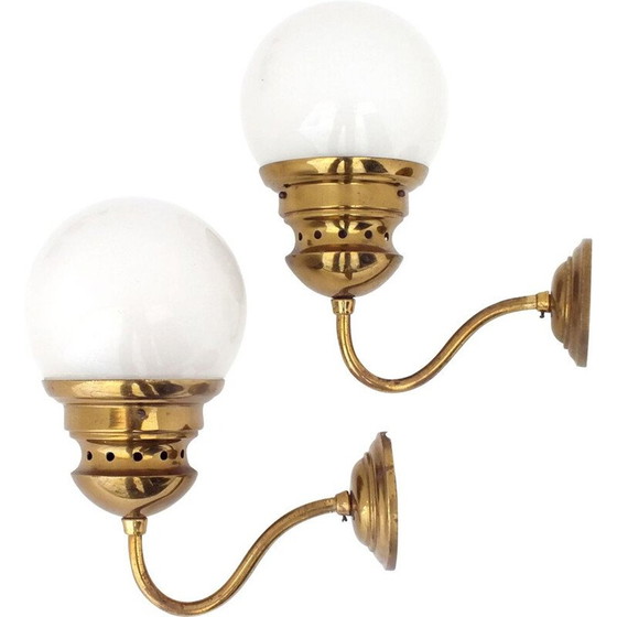 Image 1 of Paire d'appliques vintage en laiton et globe en verre "lp1 lampione", Italie 1954