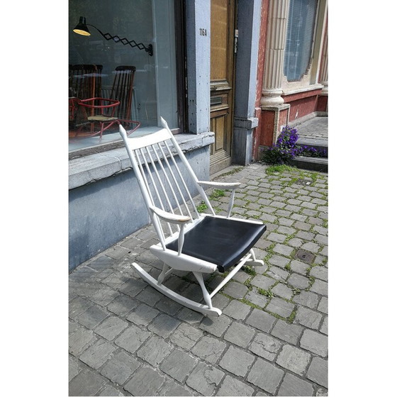 Image 1 of Fauteuil à bascule vintage en bois et simili cuir bleu foncé