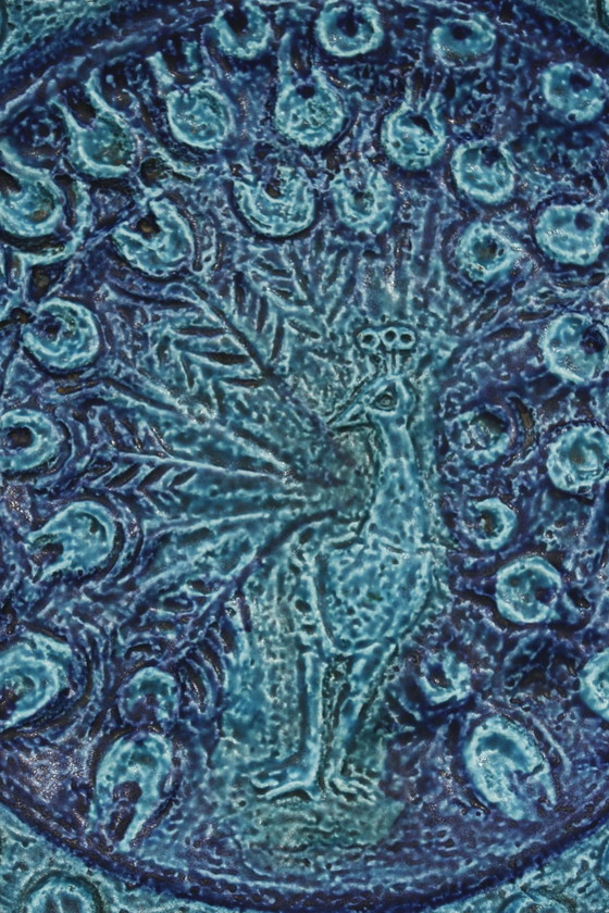 Image 1 of Grand Plat En Céramique Vintage Au Paon Design Ceramano West Germany 1960S