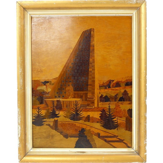 Image 1 of Œuvre d'art vintage en placage de bois incrusté, Tchécoslovaquie, années 1950