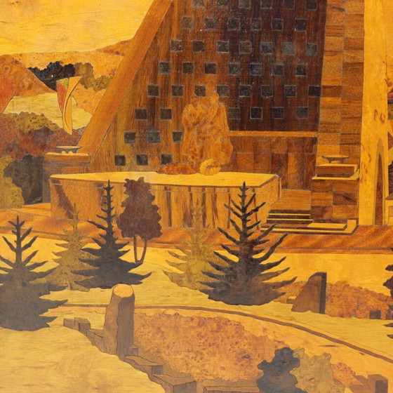 Image 1 of Œuvre d'art vintage en placage de bois incrusté, Tchécoslovaquie, années 1950