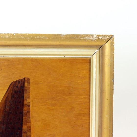 Image 1 of Œuvre d'art vintage en placage de bois incrusté, Tchécoslovaquie, années 1950