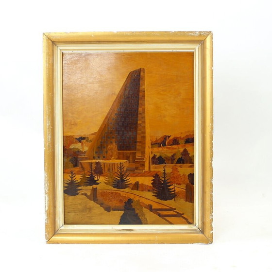 Image 1 of Œuvre d'art vintage en placage de bois incrusté, Tchécoslovaquie, années 1950