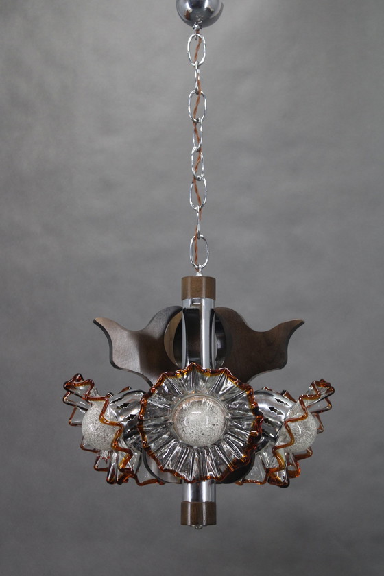 Image 1 of Lustre des années 1970 avec abat-jour en verre de Murano, Italie
