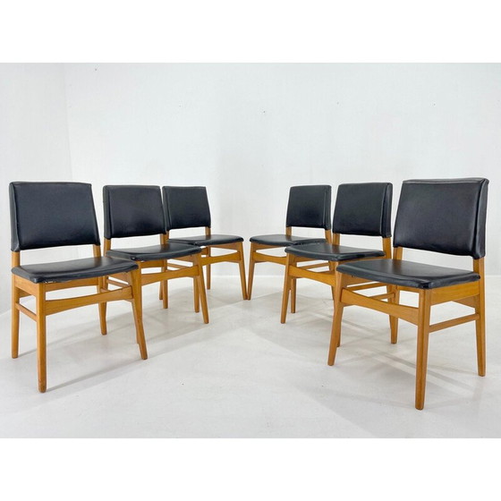 Image 1 of Ensemble de 6 chaises vintage en cuir et bois, Tchécoslovaquie années 1960