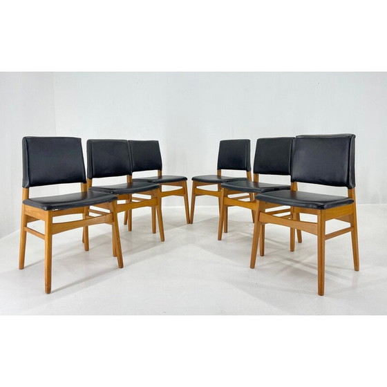 Image 1 of Ensemble de 6 chaises vintage en cuir et bois, Tchécoslovaquie années 1960
