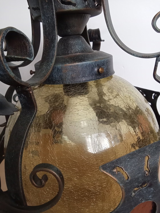 Image 1 of Plafonnier Brutalist en Fer Forgé Craquele Verre Jaune Rond/ Also Veranda Lamp Ceiling