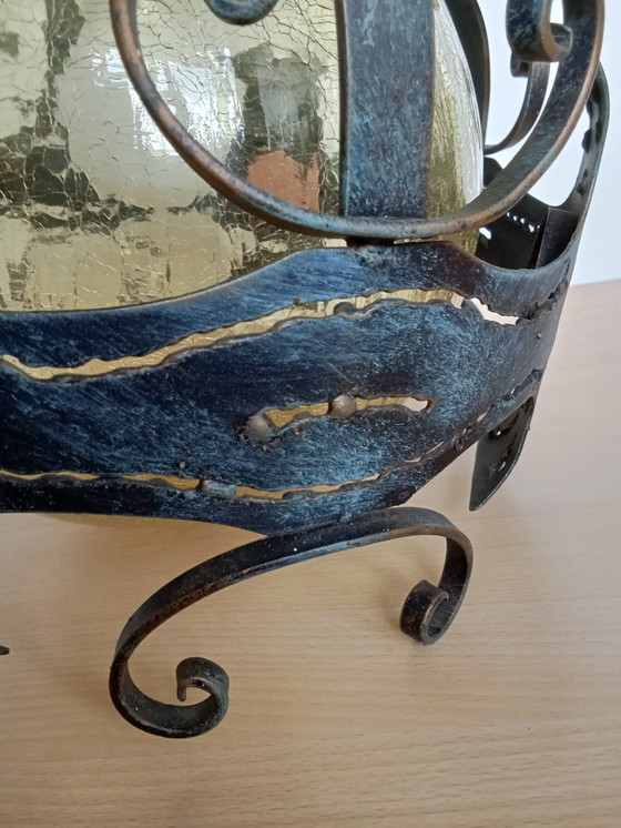 Image 1 of Plafonnier Brutalist en Fer Forgé Craquele Verre Jaune Rond/ Also Veranda Lamp Ceiling