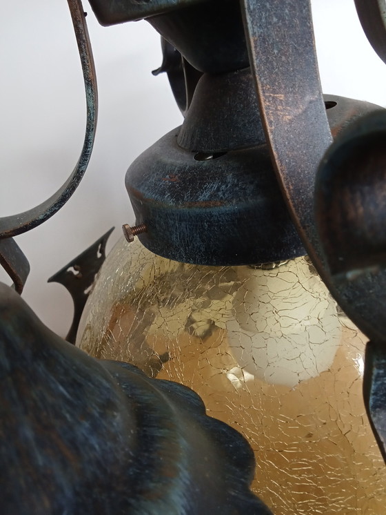 Image 1 of Plafonnier Brutalist en Fer Forgé Craquele Verre Jaune Rond/ Also Veranda Lamp Ceiling