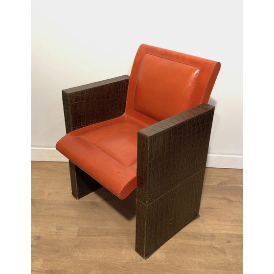 Image 1 of Paire de fauteuils vintage en cuir marron et orange, français 1970
