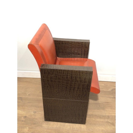 Image 1 of Paire de fauteuils vintage en cuir marron et orange, français 1970
