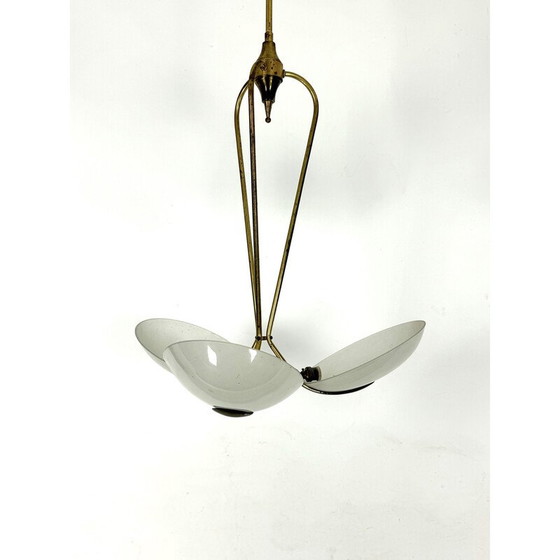 Image 1 of Lustre vintage en laiton et verre bombé, Italie 1950