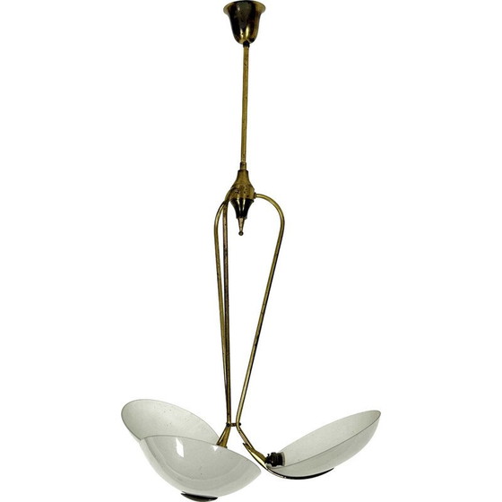 Image 1 of Lustre vintage en laiton et verre bombé, Italie 1950