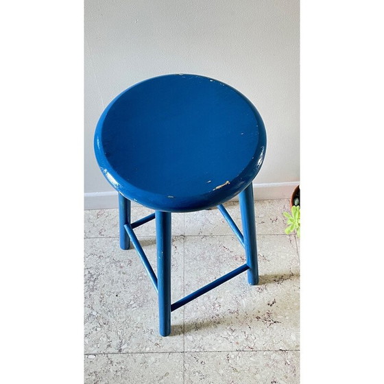 Image 1 of Tabouret vintage en bois laqué bleu électrique