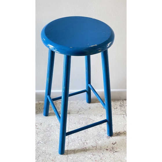 Image 1 of Tabouret vintage en bois laqué bleu électrique