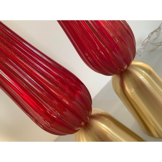 Image 1 of Lot de 2 lampes de table contemporaines en verre de Murano rouge et or avec abat-jour