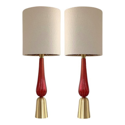 Lot de 2 lampes de table contemporaines en verre de Murano rouge et or avec abat-jour