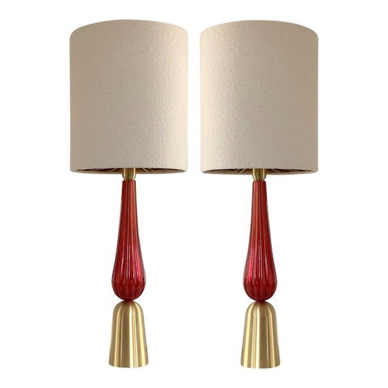 Image 1 of Lot de 2 lampes de table contemporaines en verre de Murano rouge et or avec abat-jour