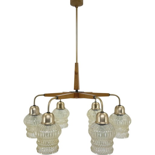 Lustre vintage en bois et verre, Tchécoslovaquie, années 1970