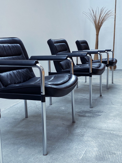 4X Jorgen Kastholm Pour Kusch & Co. Chaises de conférence Fauteuil Cuir Noir Chrome 1970Er