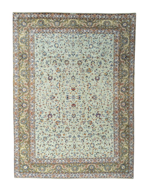 Tapis Keshan noué à la main 400 x 295 cm - Tapis persan avec signature en vert pistache