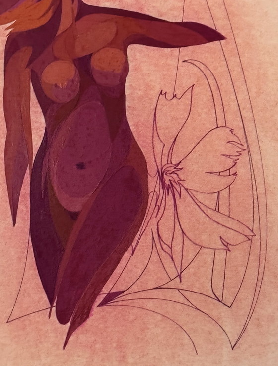 Image 1 of Eugene Eechaut ( 1928-2019 ) Magnifique Peinture À La Gouache Femme Nue Abstraite / Galerie Pfeiffer Bruxelles