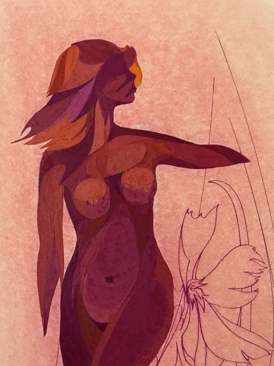 Image 1 of Eugene Eechaut ( 1928-2019 ) Magnifique Peinture À La Gouache Femme Nue Abstraite / Galerie Pfeiffer Bruxelles