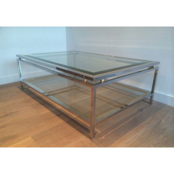 Image 1 of Table basse vintage en chrome et boules de laiton avec double plateau, France 1970